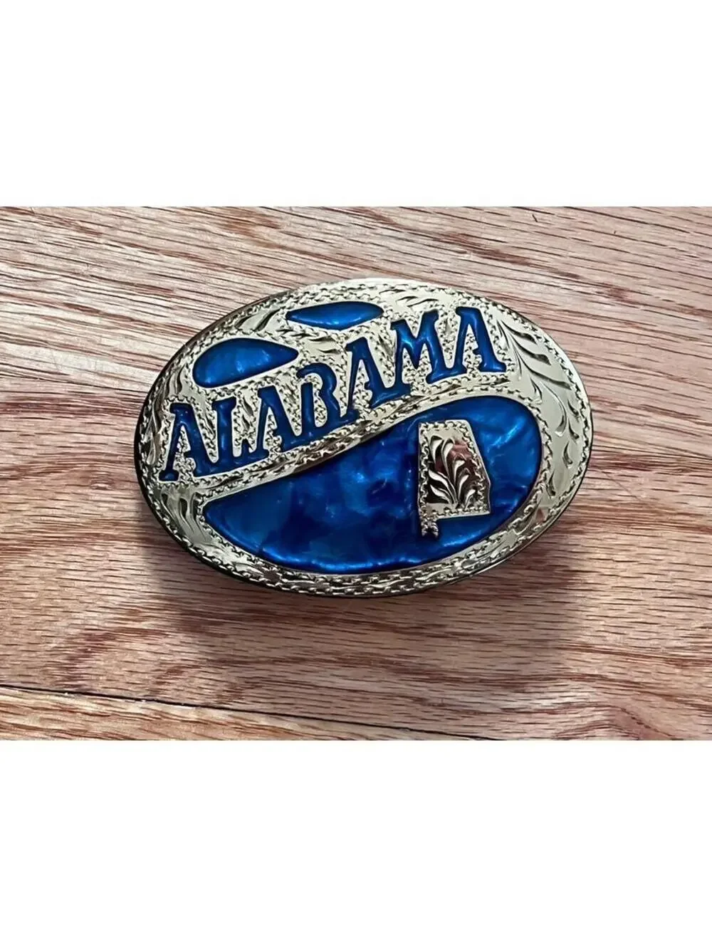Vintage Award Design Metals Alabama Belt Buckle, Gold Tone Blue Inlay, USA Made